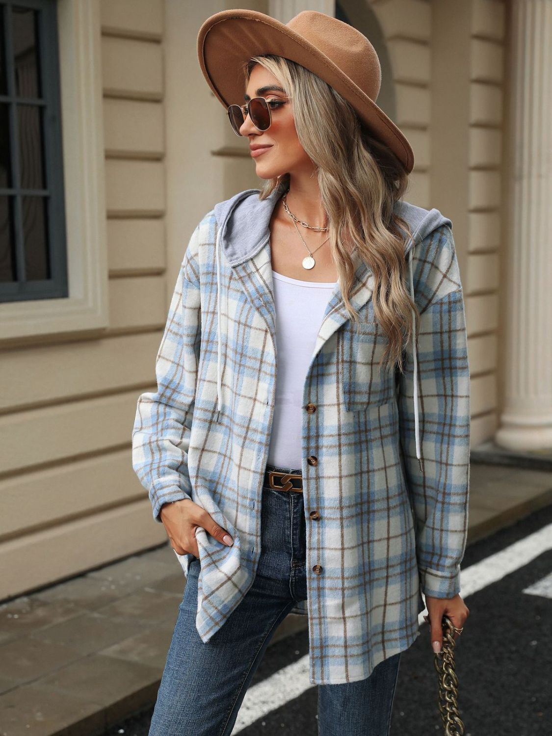 Drawstring Plaid Button Up Hooded Jacket-TOPS / DRESSES-[Adult]-[Female]-2022 Online Blue Zone Planet