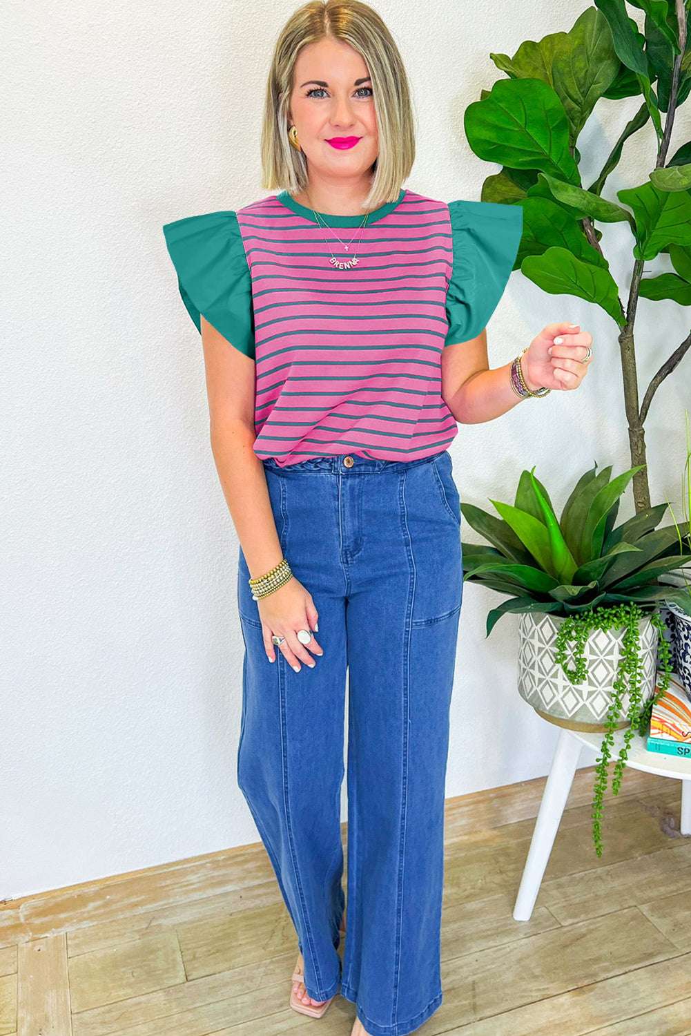 Pink Stripe Colorblock Ruffled Sleeve Crew Neck Blouse-Blouses-[Adult]-[Female]-2022 Online Blue Zone Planet