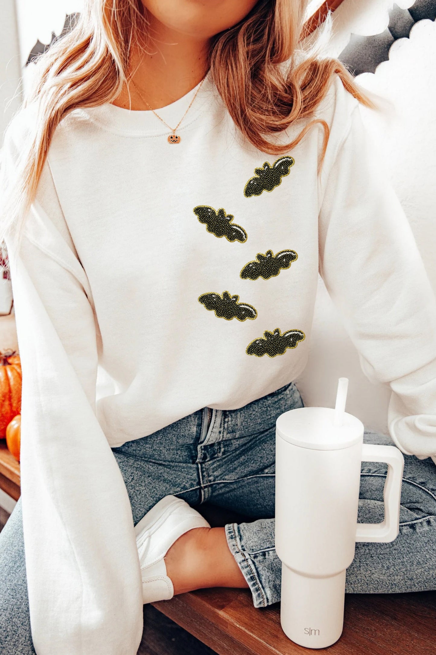 White Sequin Bat Pullover Drop Shoulder Halloween Sweatshirt-Graphic/Graphic Sweatshirts-[Adult]-[Female]-White-S-2022 Online Blue Zone Planet