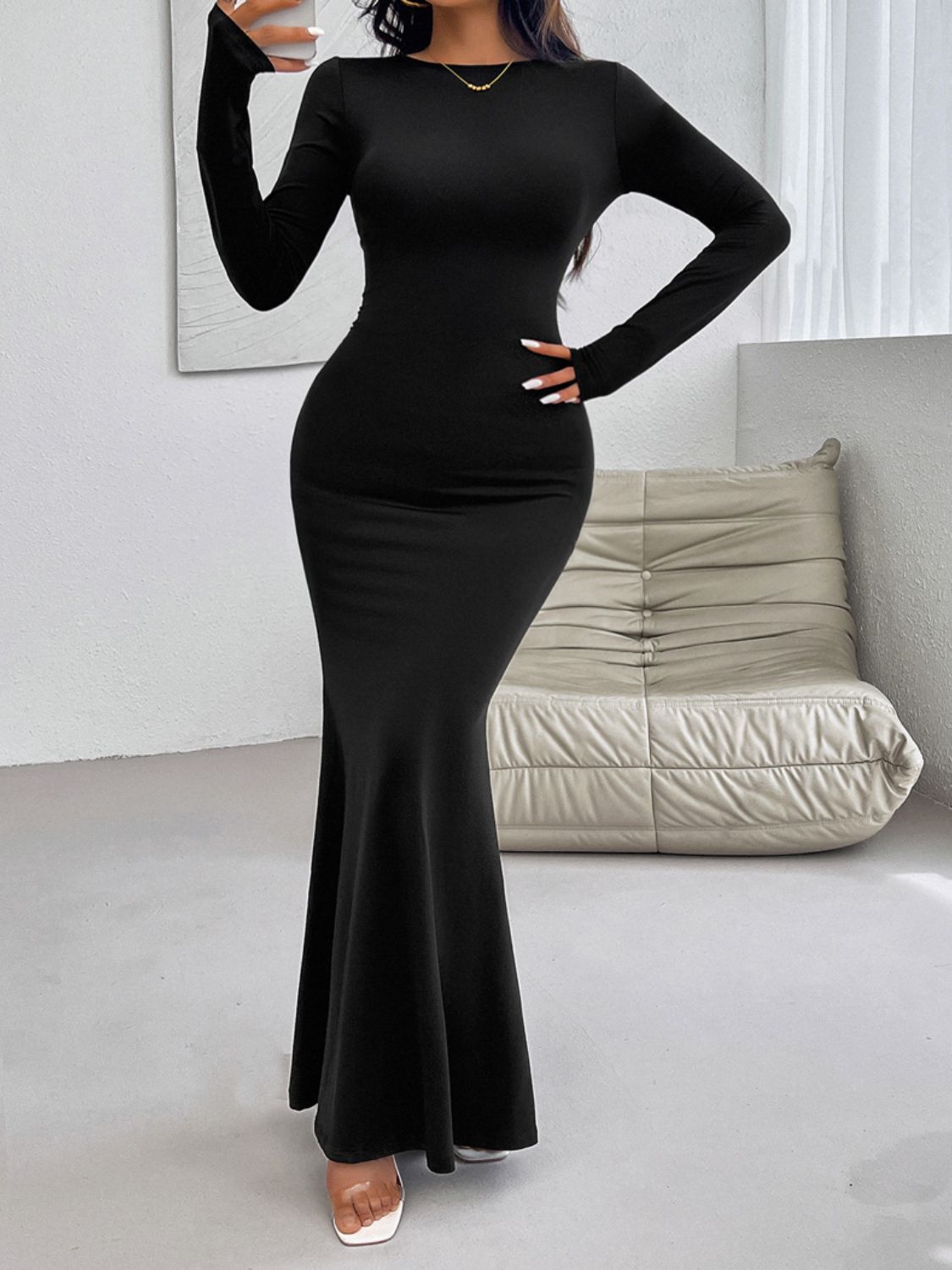 Devine Backless Round Neck Long Sleeve Maxi Dress-TOPS / DRESSES-[Adult]-[Female]-2022 Online Blue Zone Planet