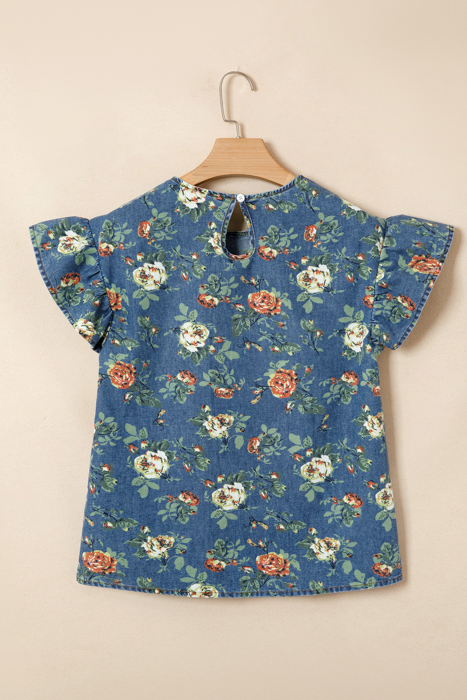 Ashleigh Blue Ruffled Short Sleeve Floral Denim Top-Tops/Tops & Tees-[Adult]-[Female]-2022 Online Blue Zone Planet
