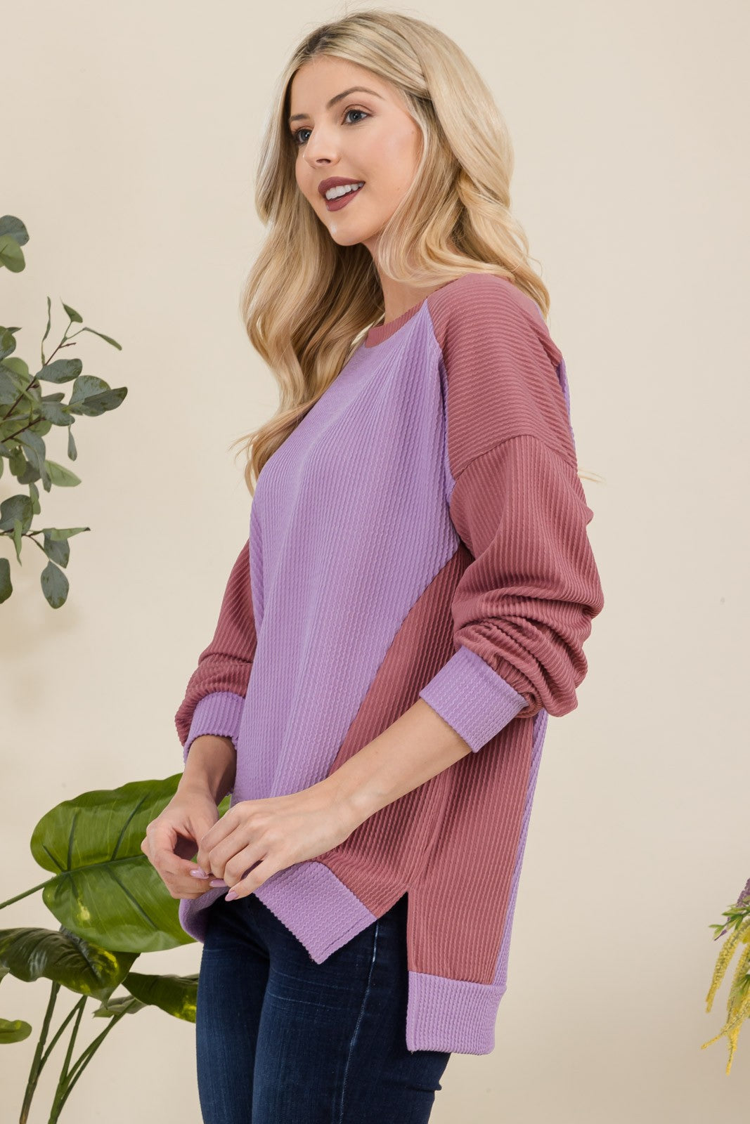 Blue Zone Planet | Celeste Full Size High-Low Contrast Round Neck Sweatshirt-TOPS / DRESSES-[Adult]-[Female]-2022 Online Blue Zone Planet