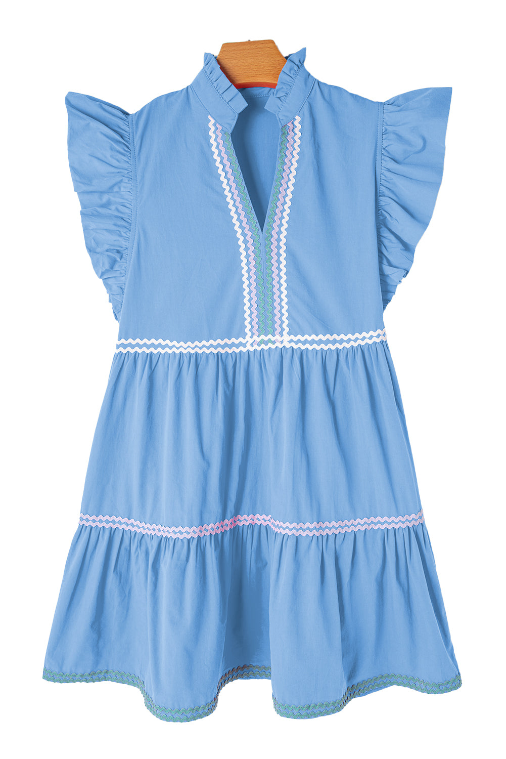 Blue Zone Planet | Strawberry Pink Ric Rac Colorblock Flutter Sleeve V Neck Tiered Dress-TOPS / DRESSES-[Adult]-[Female]-2022 Online Blue Zone Planet