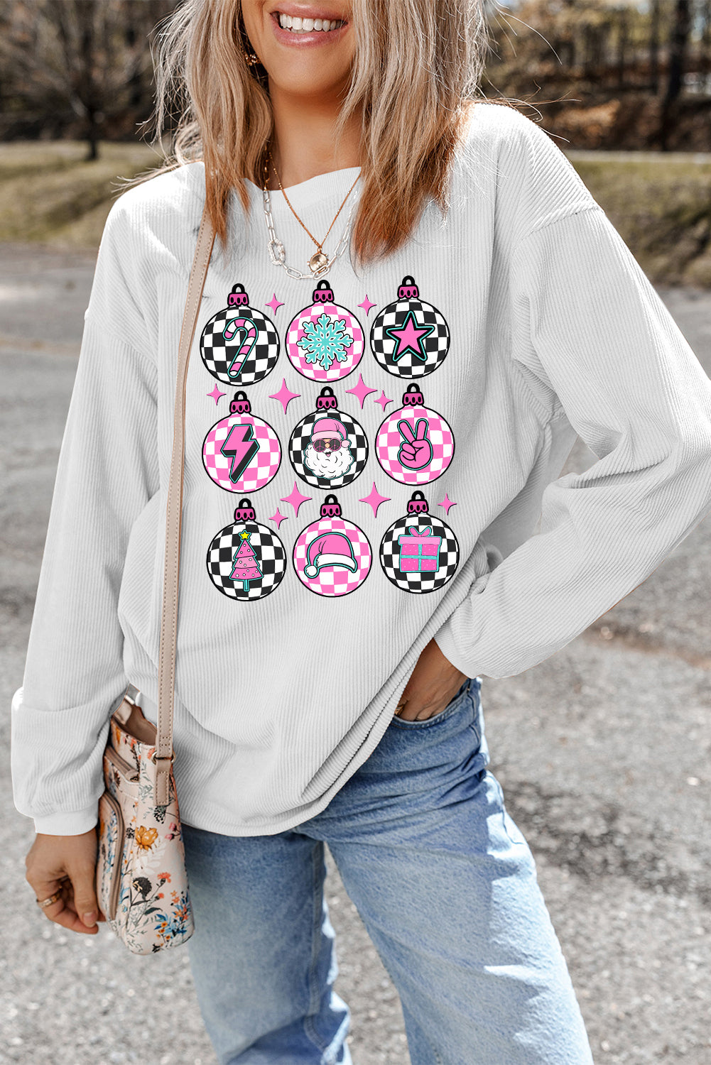 Blue Zone Planet | White Christmas Pattern Checkered Print Ribbed Pullover Sweatshirt-Graphic Sweatshirts-[Adult]-[Female]-2022 Online Blue Zone Planet