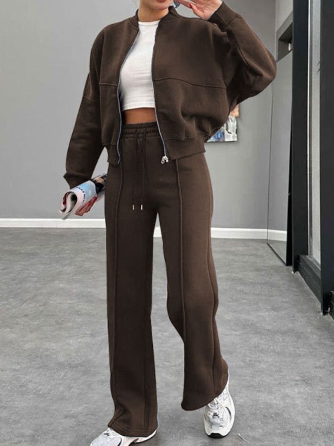 Baseball Collar Zip Up Outerwear and Drawstring Pants Set-TOPS / DRESSES-[Adult]-[Female]-Coffee Brown-S-2022 Online Blue Zone Planet