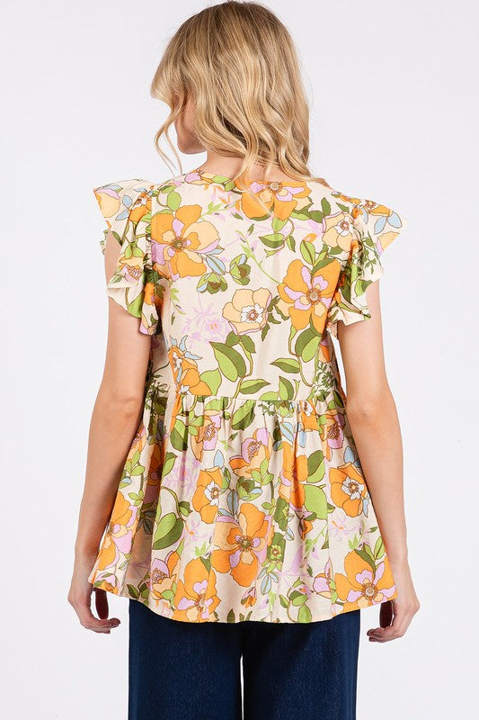 Mittoshop Floral V-Neck Ruffled Cap Sleeve Blouse-TOPS / DRESSES-[Adult]-[Female]-2022 Online Blue Zone Planet