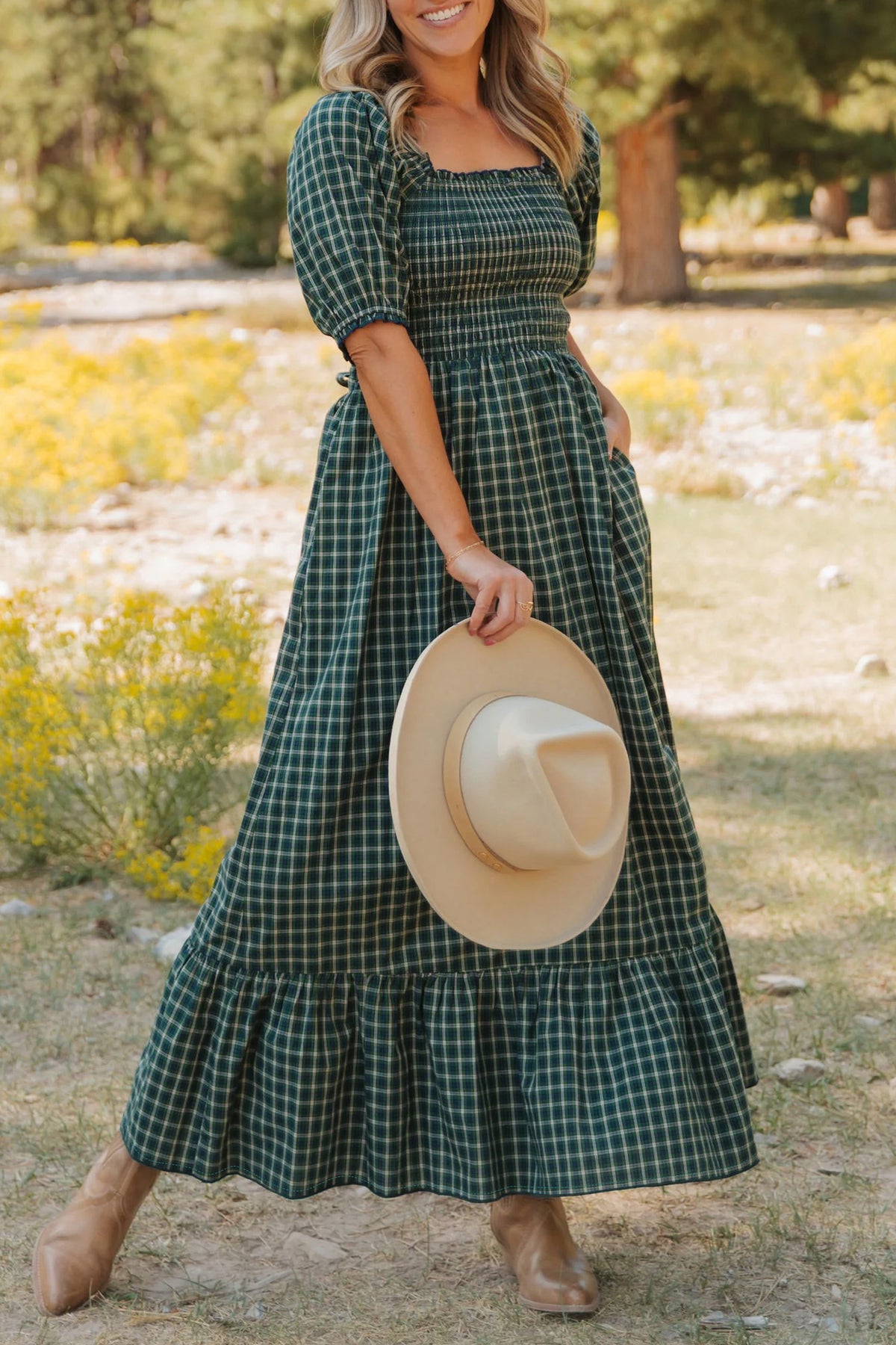 Green Plaid Square Neck Shirred High Waist Ruffle Hem Dress-TOPS / DRESSES-[Adult]-[Female]-2022 Online Blue Zone Planet
