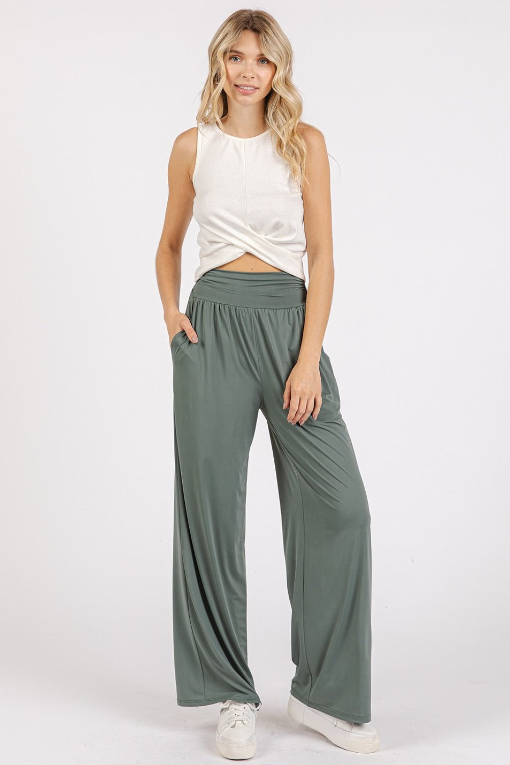 Mittoshop Stretch Banded Waist Wide Leg Pants with Pockets-BOTTOM SIZES SMALL MEDIUM LARGE-[Adult]-[Female]-2022 Online Blue Zone Planet