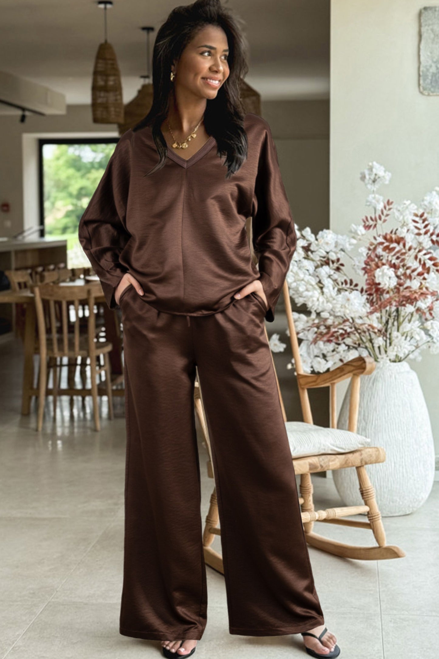 Dark Brown Braided V Neck Long Sleeve Loose Top and Drawstring High Waist Pants 2pcs Outfit-Two Piece Sets/Pant Sets-[Adult]-[Female]-2022 Online Blue Zone Planet