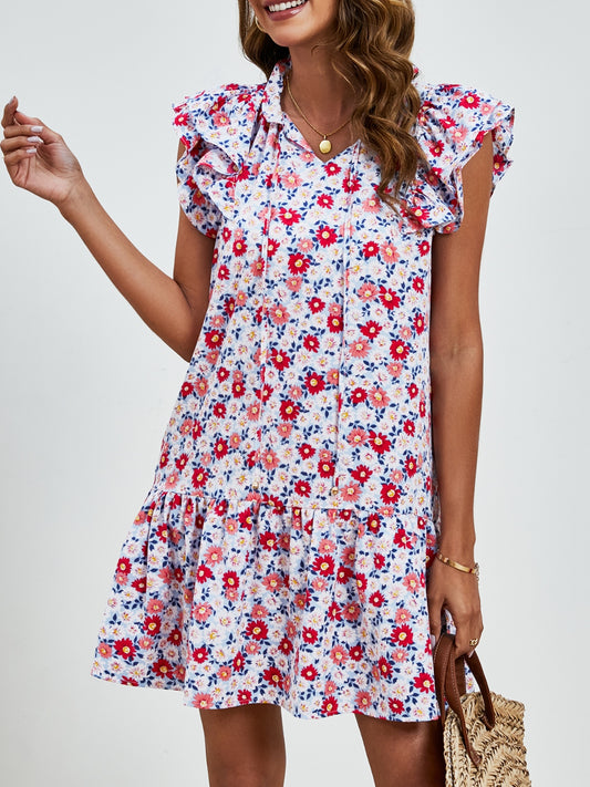 Tied Floral Cap Sleeve Mini Dress-TOPS / DRESSES-[Adult]-[Female]-Rust-S-2022 Online Blue Zone Planet