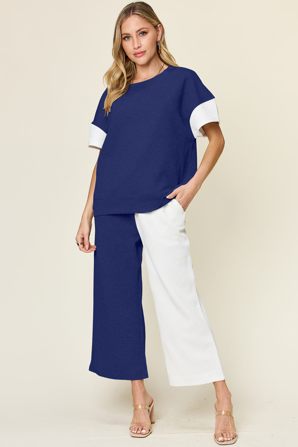 Double Take Full Size Texture Contrast T-Shirt and Wide Leg Pants Set-TOPS / DRESSES-[Adult]-[Female]-Royal Blue-S-2022 Online Blue Zone Planet