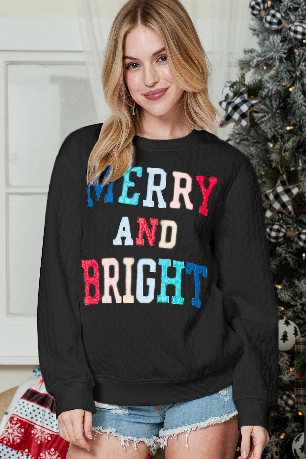 White Merry and Bright Quilted Sweatshirt-Sweatshirts & Hoodies-[Adult]-[Female]-2022 Online Blue Zone Planet