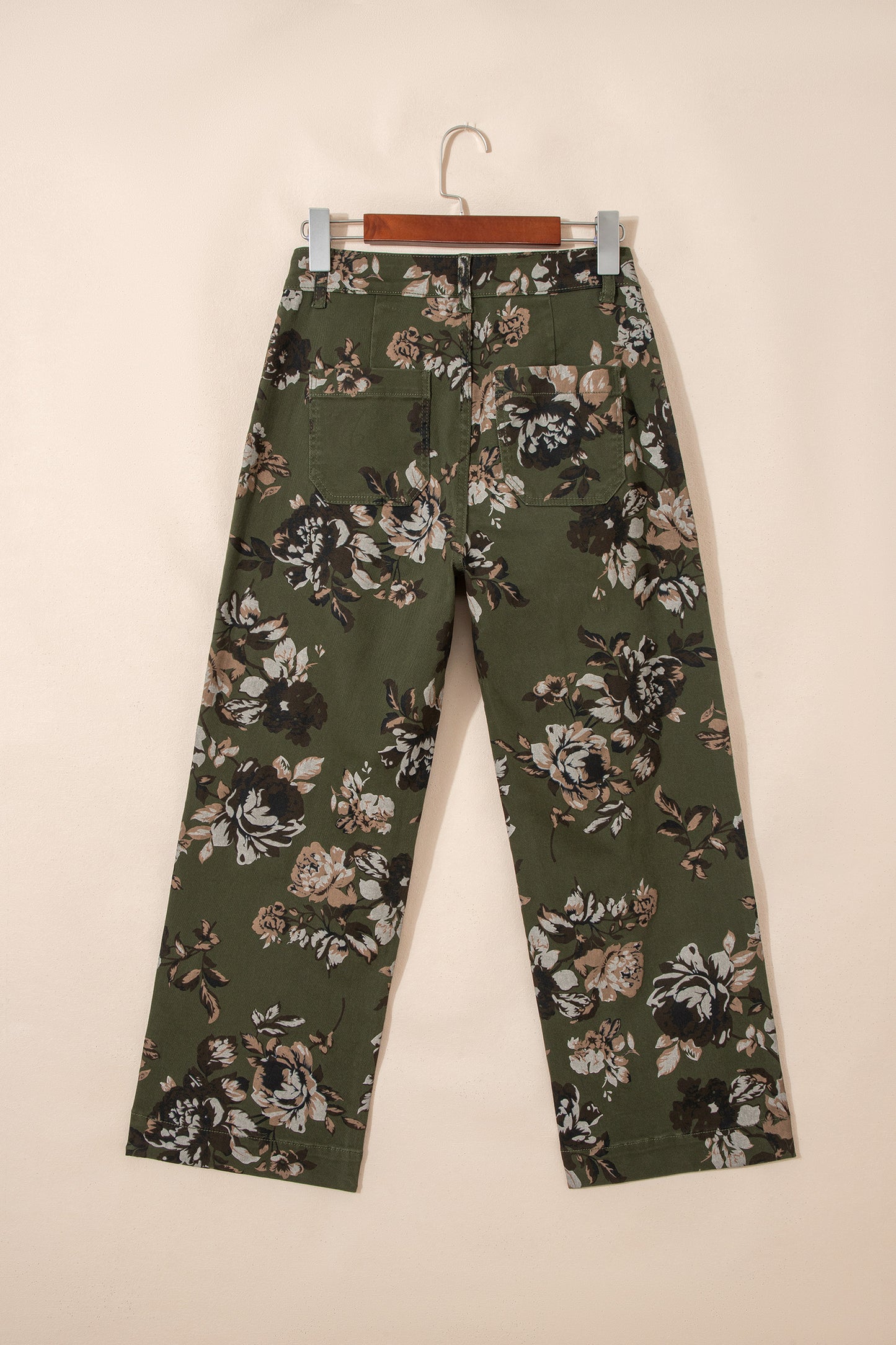 Green Vintage Floral Print Square Patch Pocket Raw Hem Shift Jeans-Bottoms/Jeans-[Adult]-[Female]-2022 Online Blue Zone Planet
