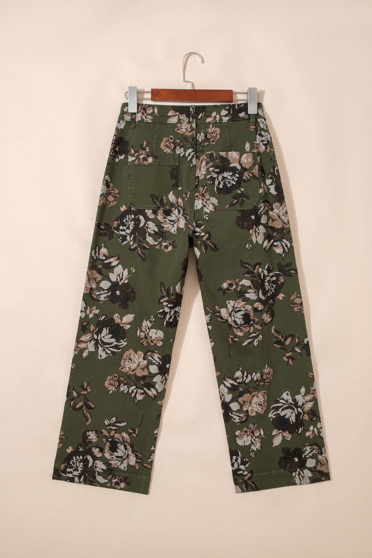 Green Vintage Floral Print Square Patch Pocket Raw Hem Shift Jeans-Bottoms/Jeans-[Adult]-[Female]-2022 Online Blue Zone Planet