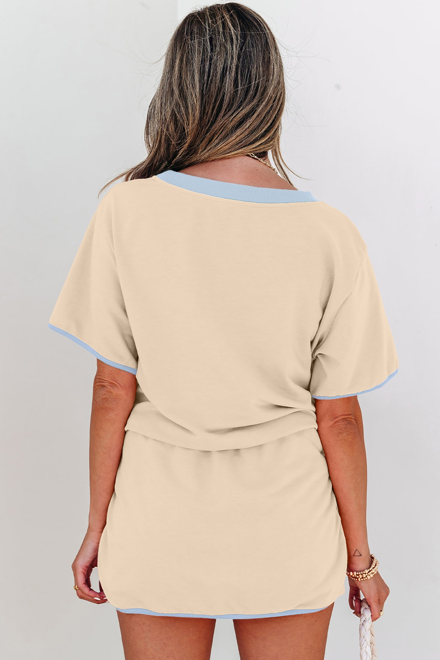 Apricot Colorblock Edge Drop Shoulder T Shirt and Skort 2Pcs Set-Two Piece Sets/Two Piece Dresses-[Adult]-[Female]-2022 Online Blue Zone Planet