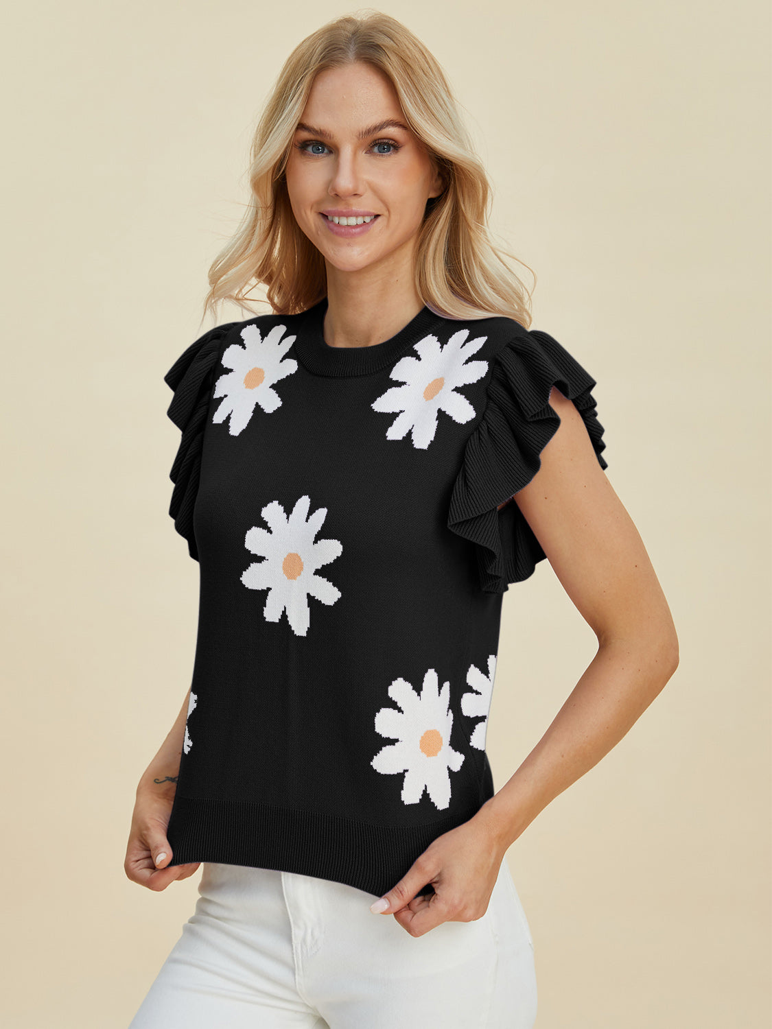 Double Take Full Size Ruffled Flower Round Neck Cap Sleeve Sweater-TOPS / DRESSES-[Adult]-[Female]-2022 Online Blue Zone Planet