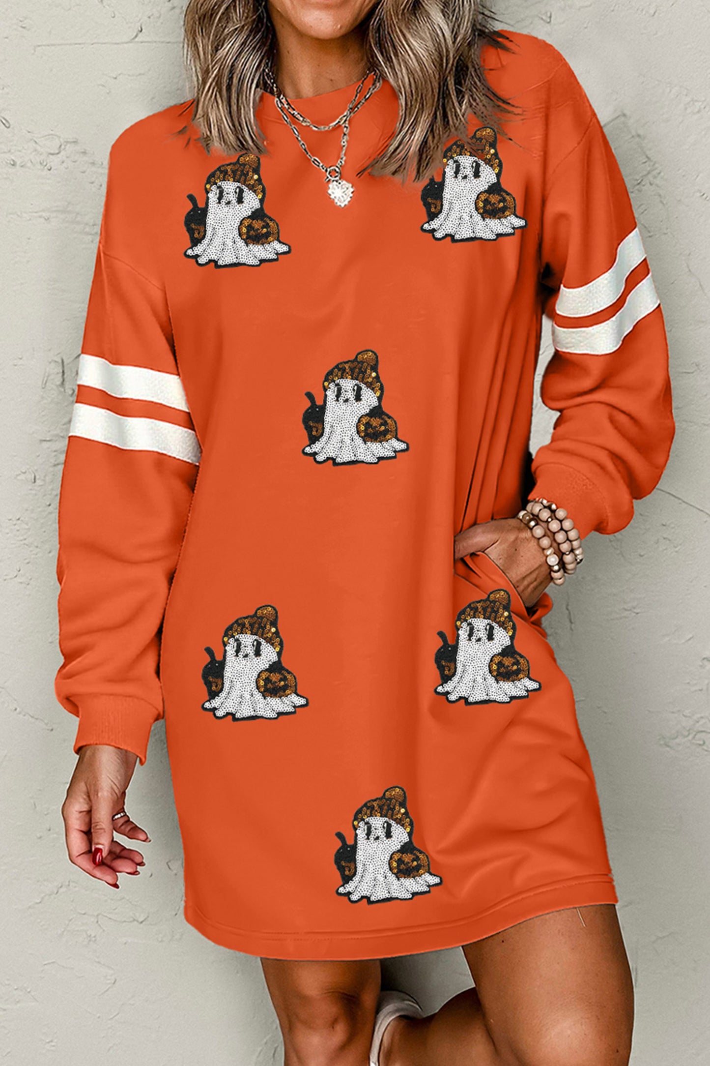 Orange Sequin Ghost Pattern Varsity Sleeve Sweatshirt Mini Dress with Pockets-Graphic/Graphic Dresses-[Adult]-[Female]-2022 Online Blue Zone Planet
