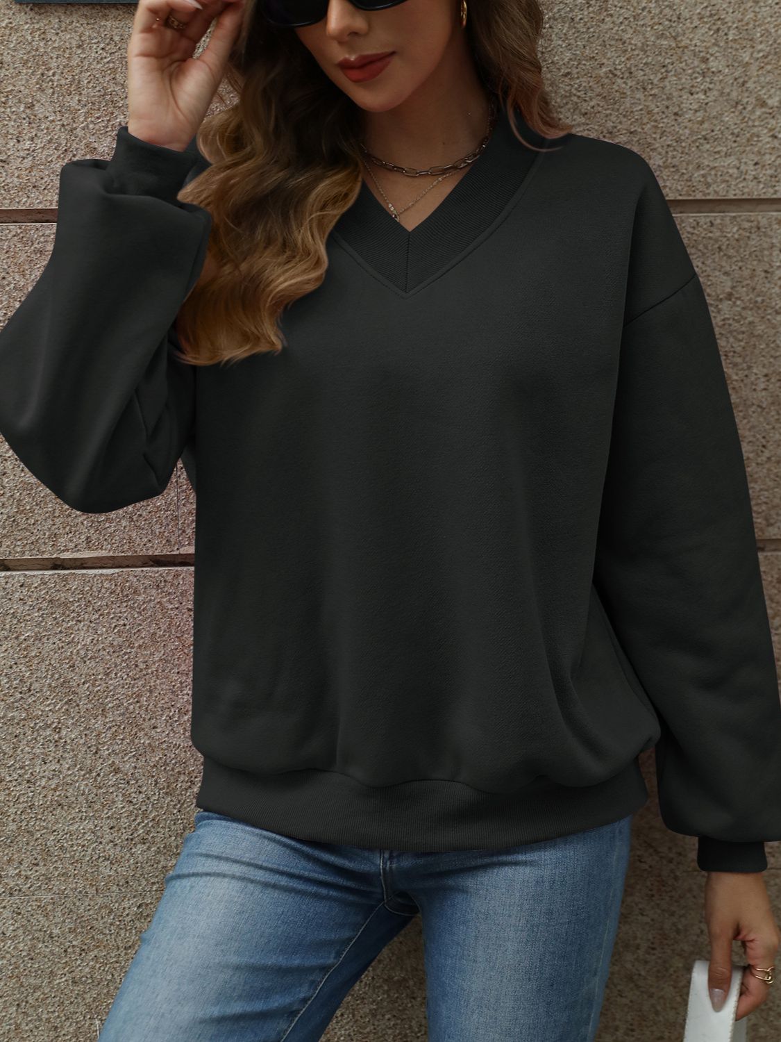 V-Neck Long Sleeve Dropped Shoulder Sweatshirt-TOPS / DRESSES-[Adult]-[Female]-2022 Online Blue Zone Planet