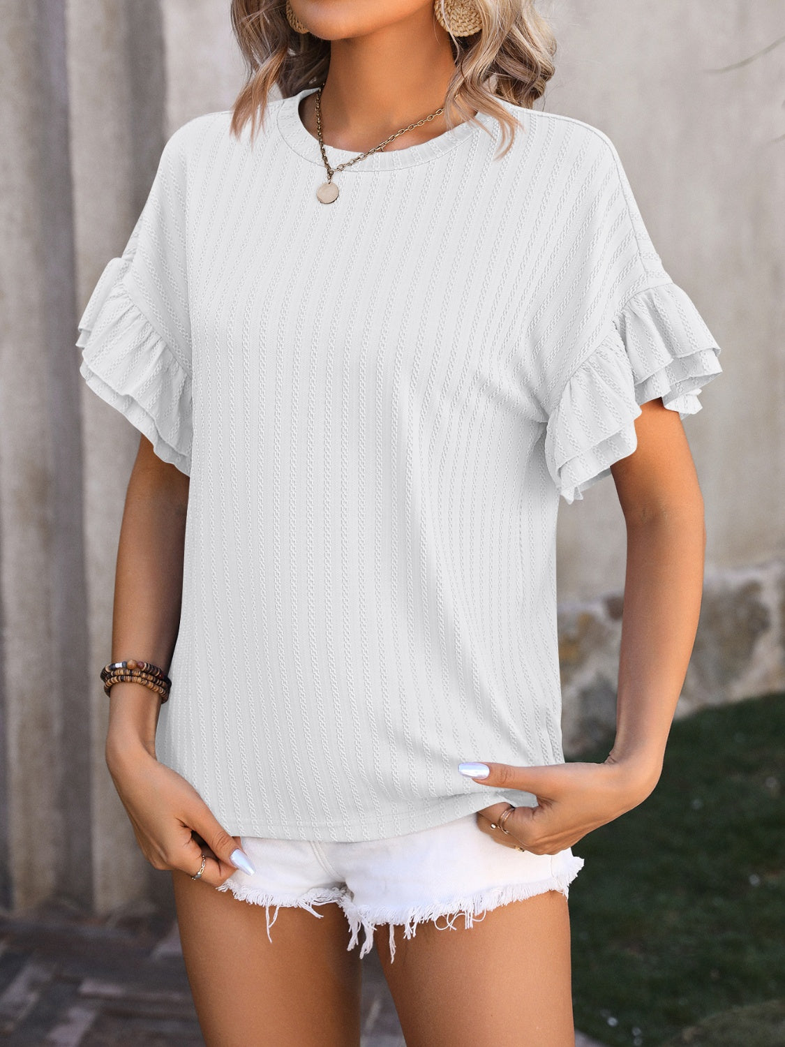 Blue Zone Planet | Mandy Ruffled Round Neck Short Sleeve Blouse-TOPS / DRESSES-[Adult]-[Female]-White-S-2022 Online Blue Zone Planet