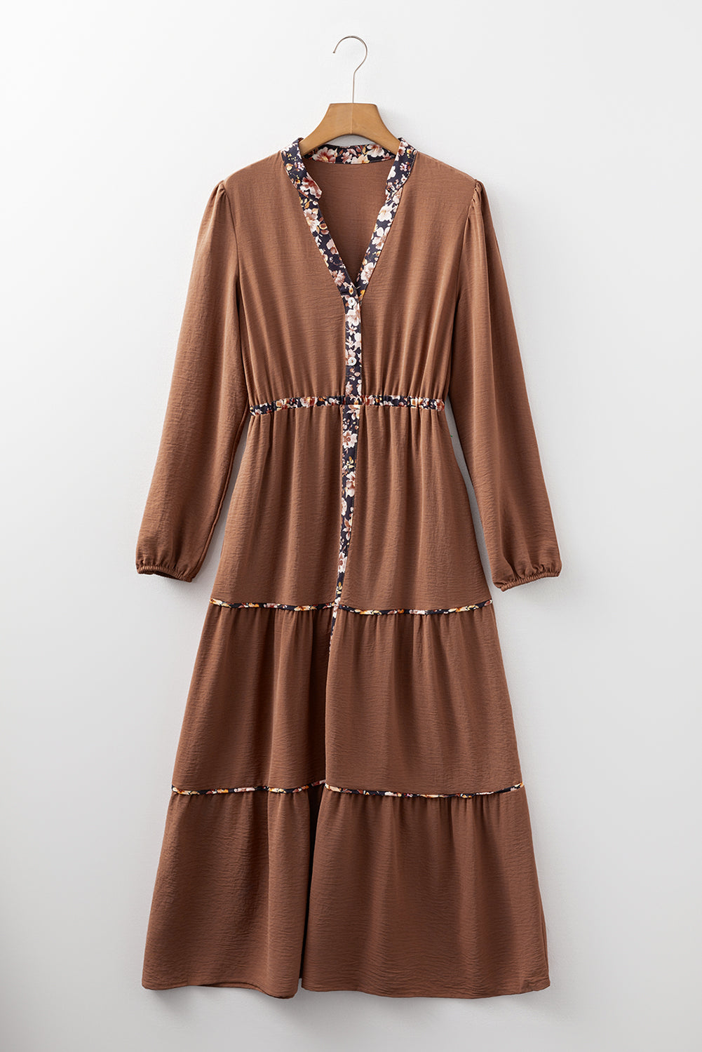 Chestnut Floral Patchwork Detail Notched Neck Long Sleeve Maxi Dress-TOPS / DRESSES-[Adult]-[Female]-2022 Online Blue Zone Planet