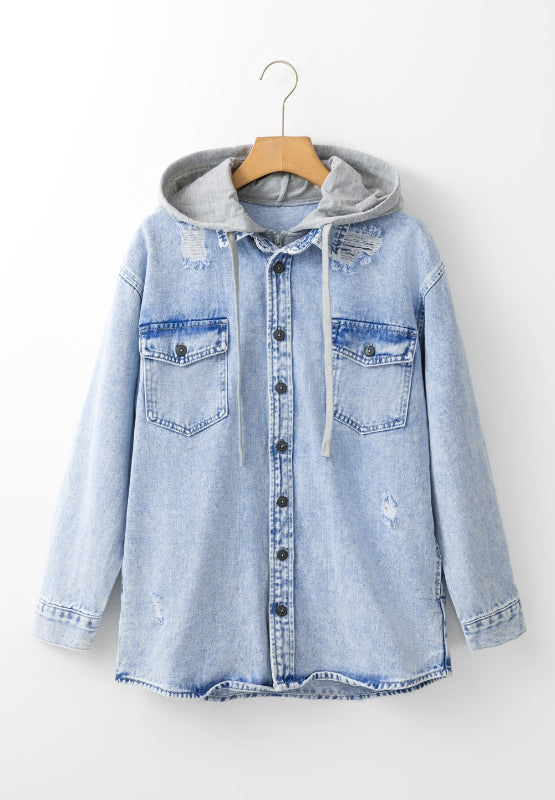 Distressed Button Up Hooded Denim Jacket with Pockets-TOPS / DRESSES-[Adult]-[Female]-2022 Online Blue Zone Planet