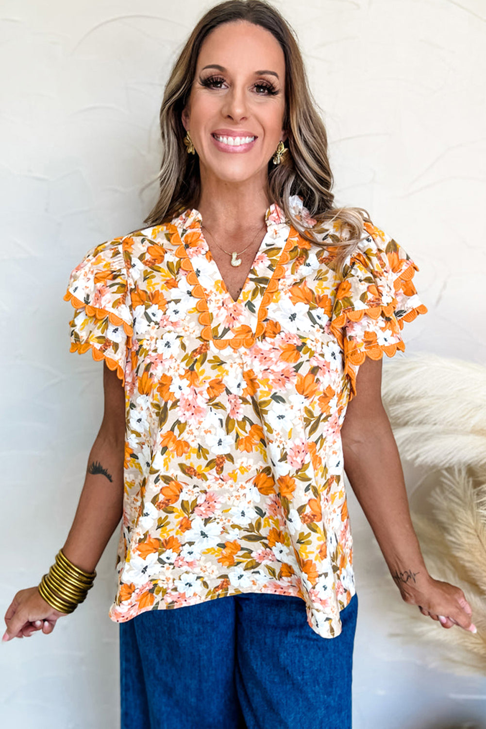 Russet Orange Ruffled V Neck Scalloped Short Sleeve Floral Blouse-Tops/Blouses & Shirts-[Adult]-[Female]-2022 Online Blue Zone Planet