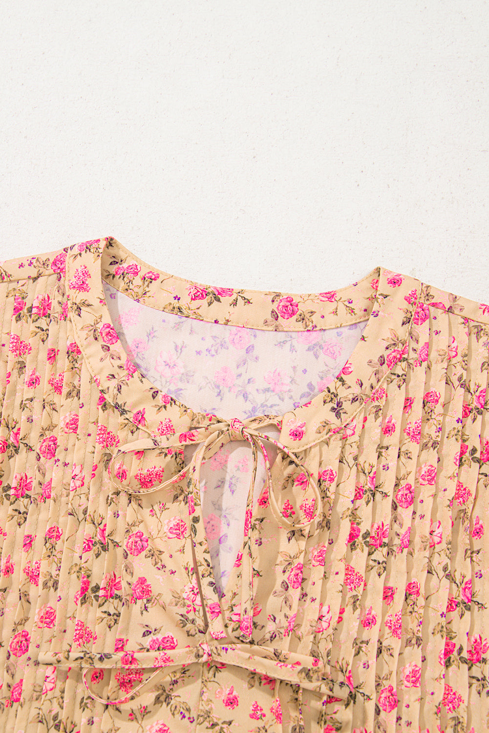Light French Beige Floral Print Bow Pintuck Bust Half Puff Sleeve Blouse Top-Tops/Blouses & Shirts-[Adult]-[Female]-2022 Online Blue Zone Planet