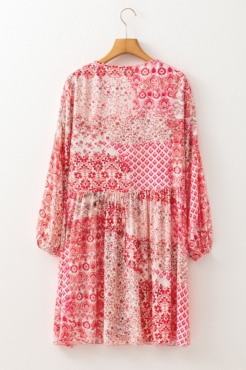 Pink Bohemian Floral Print Tassel Tie Long Sleeve Flowy Mini Dress-TOPS / DRESSES-[Adult]-[Female]-2022 Online Blue Zone Planet