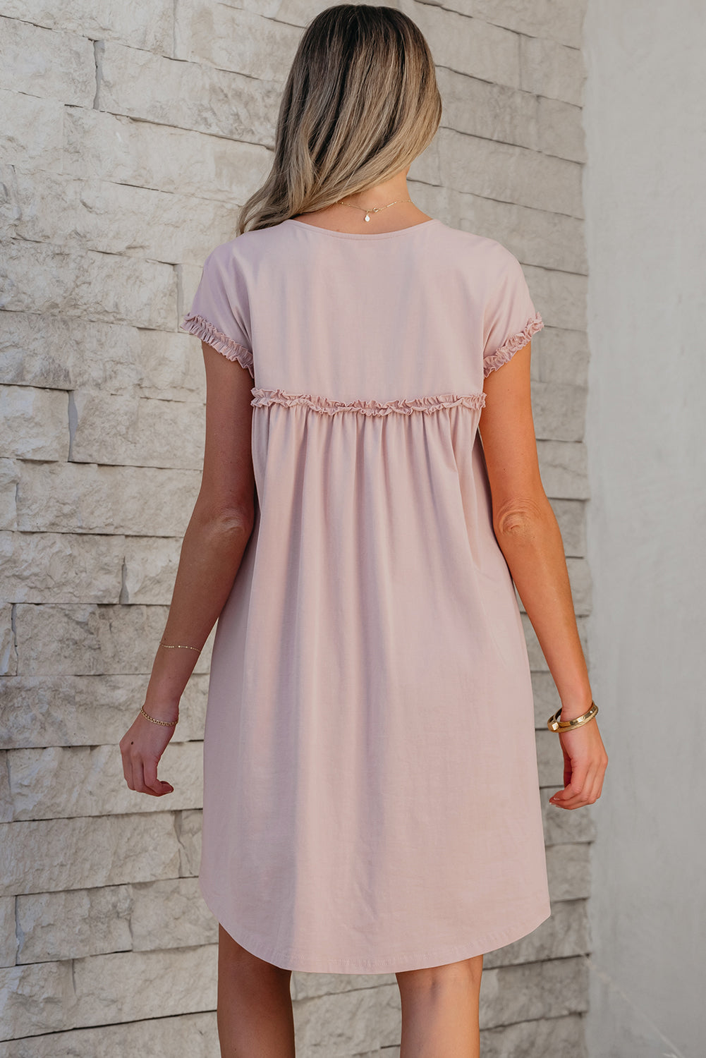 Oatmeal Frilled Trim Crew Neck Loose Fit Mini Dress-TOPS / DRESSES-[Adult]-[Female]-2022 Online Blue Zone Planet