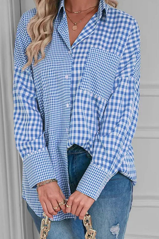 Plaid Button Up Long Sleeve Shirt-TOPS / DRESSES-[Adult]-[Female]-Light Blue-S-2022 Online Blue Zone Planet