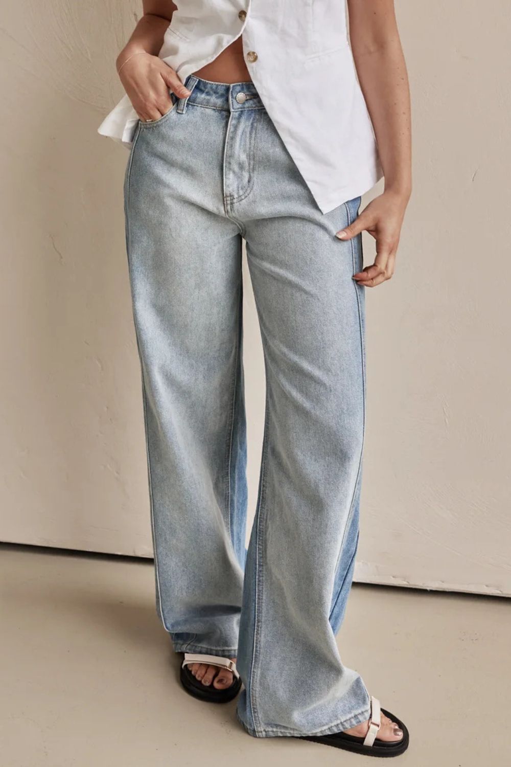 Contrast Straight Leg Jeans with Pockets-BOTTOMS SIZES SMALL MEDIUM LARGE-[Adult]-[Female]-2022 Online Blue Zone Planet