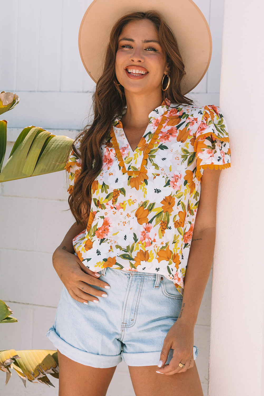 Russet Orange Ruffled V Neck Scalloped Short Sleeve Floral Blouse-Tops/Blouses & Shirts-[Adult]-[Female]-2022 Online Blue Zone Planet