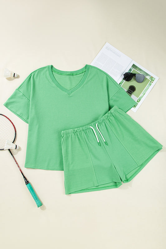Mint Green Plus Size V Neck Tee Patched Pocket Drawstring Shorts Set-Plus Size/Plus Size Loungewear-[Adult]-[Female]-2022 Online Blue Zone Planet