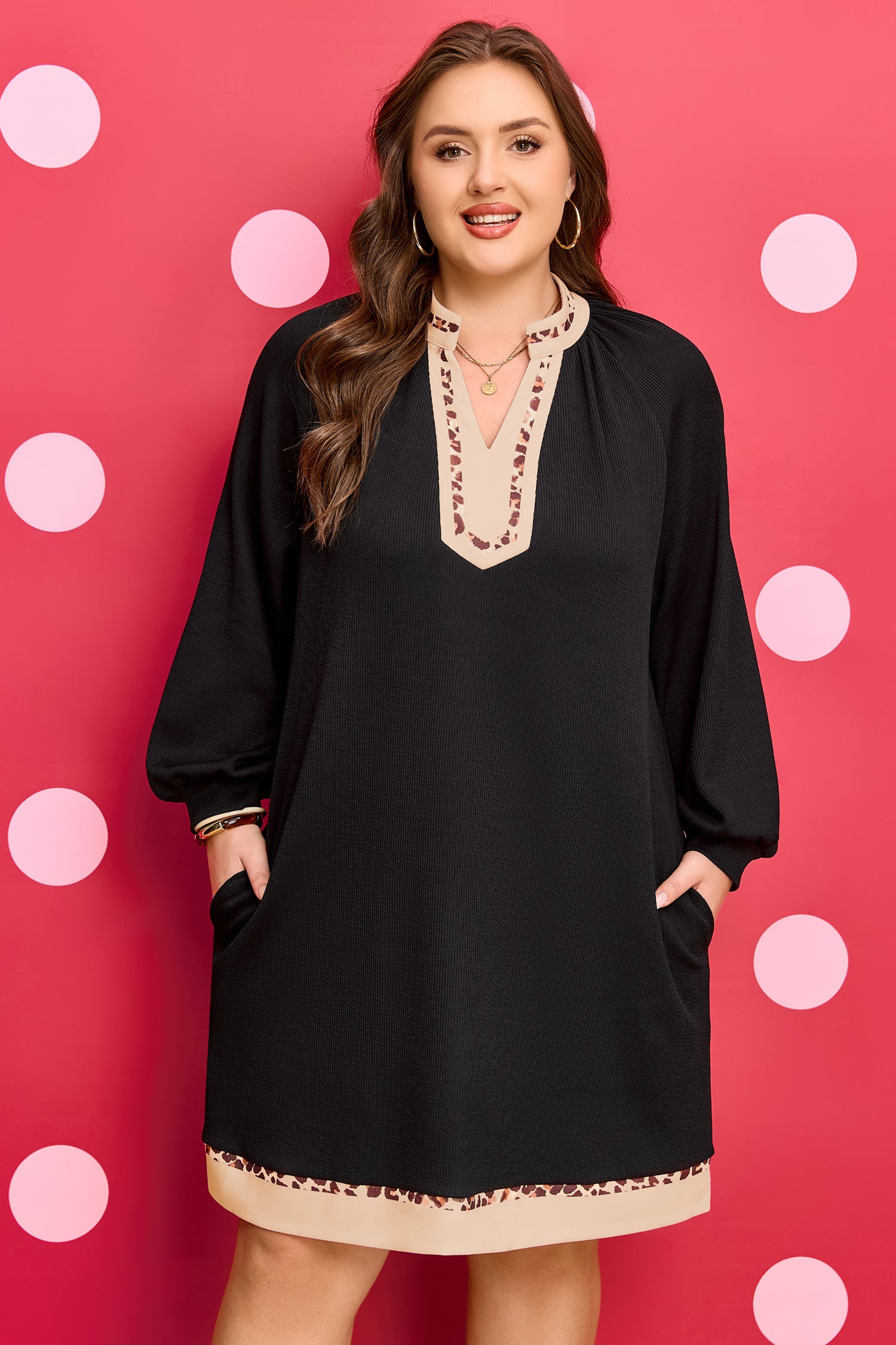 Black Contrast Color Block Leopard Trim Plus Size Ribbed Dress-TOPS / DRESSES-[Adult]-[Female]-2022 Online Blue Zone Planet
