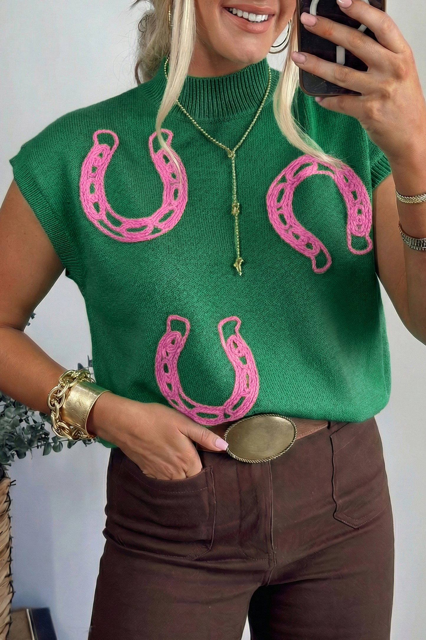 Bright Green Corded Horseshoes Ribbed Trim Mock Neck Short Sleeve Sweater-TOPS / DRESSES-[Adult]-[Female]-Bright Green-S-2022 Online Blue Zone Planet