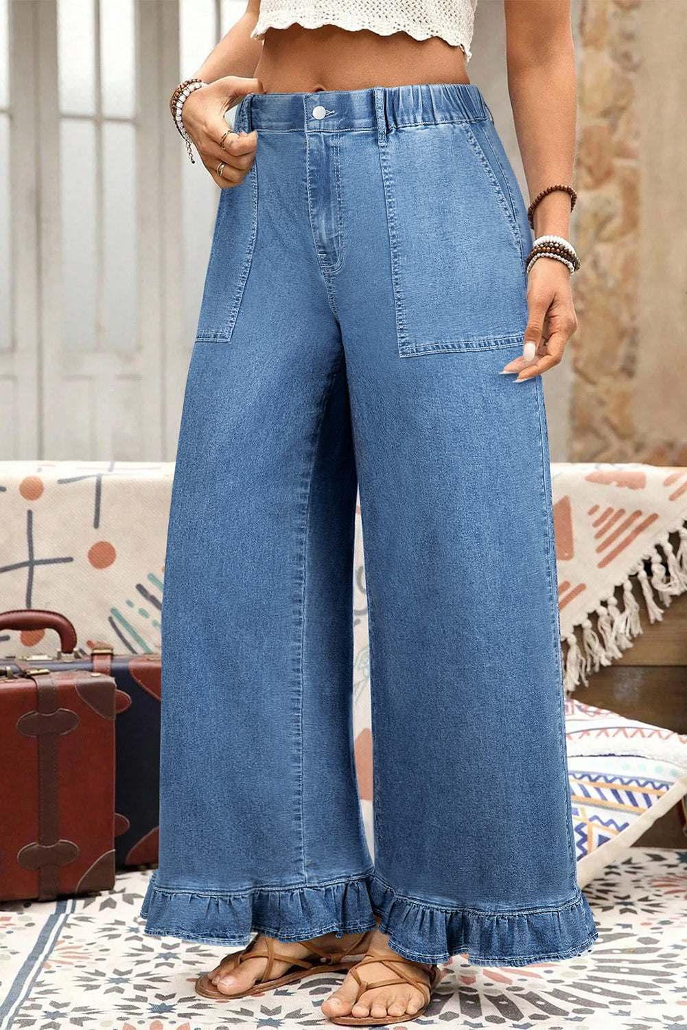 Ashleigh Blue Plus Size Elastic Waist Ruffled Wide Leg Denim Pants-Plus Size/Plus Size Bottoms-[Adult]-[Female]-2022 Online Blue Zone Planet