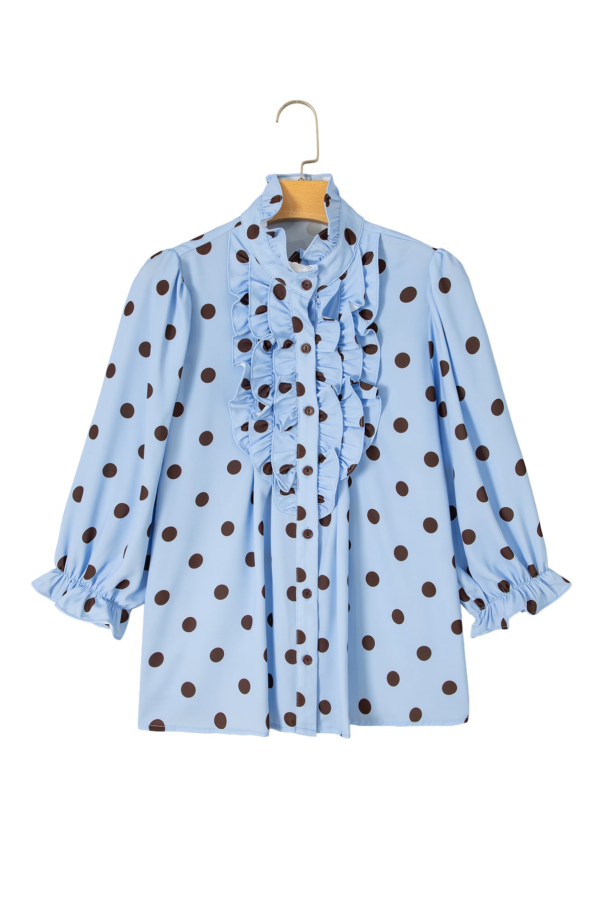 Fiery Red Polka Dot Striped Print Ruffle Stand Neck 3/4 Sleeve Shift Shirt-Tops/Blouses & Shirts-[Adult]-[Female]-2022 Online Blue Zone Planet