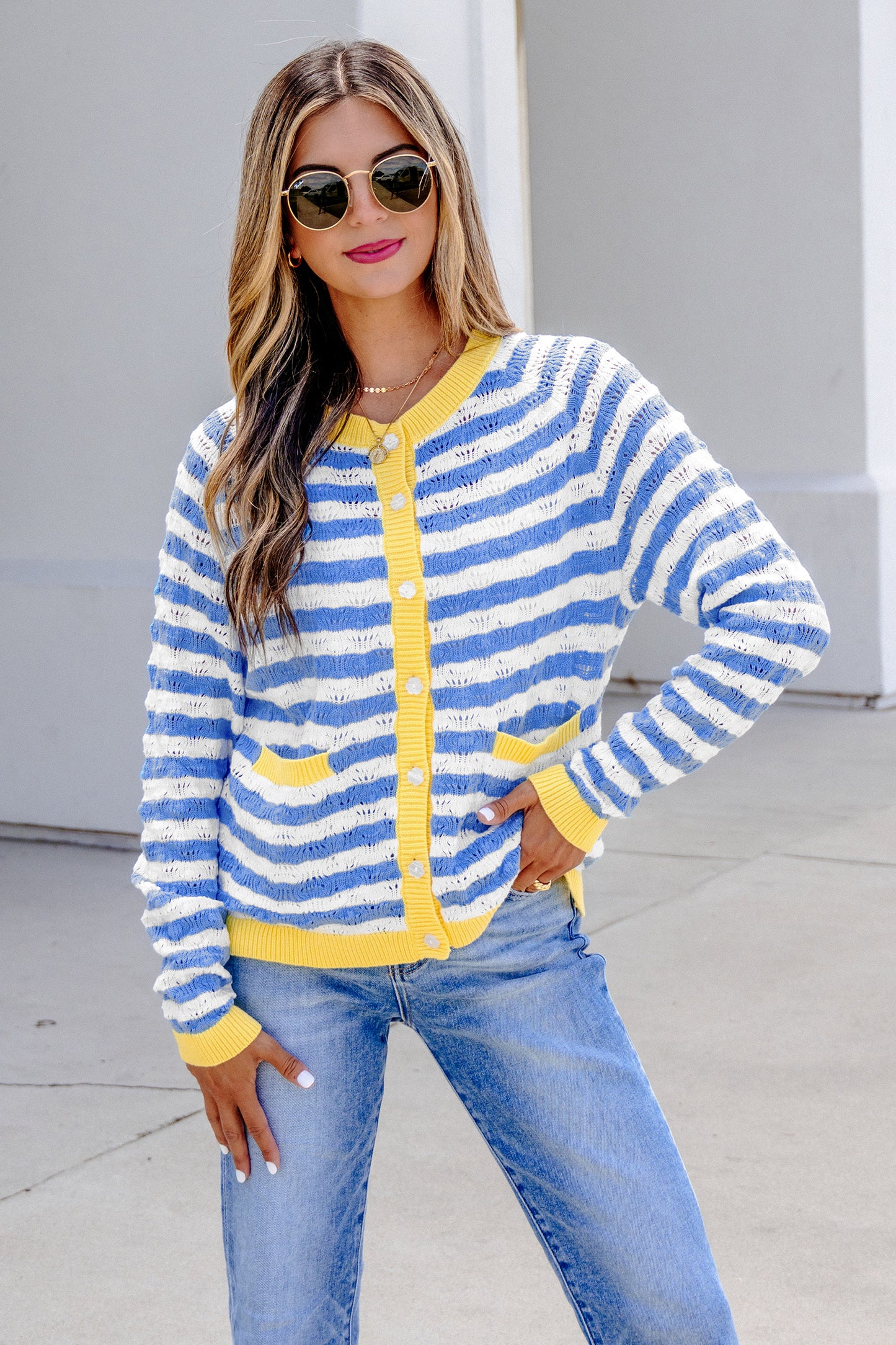 Sky Blue Stripe Striped Colorblock Button Front Long Sleeve Loose Fit Knit Cardigan