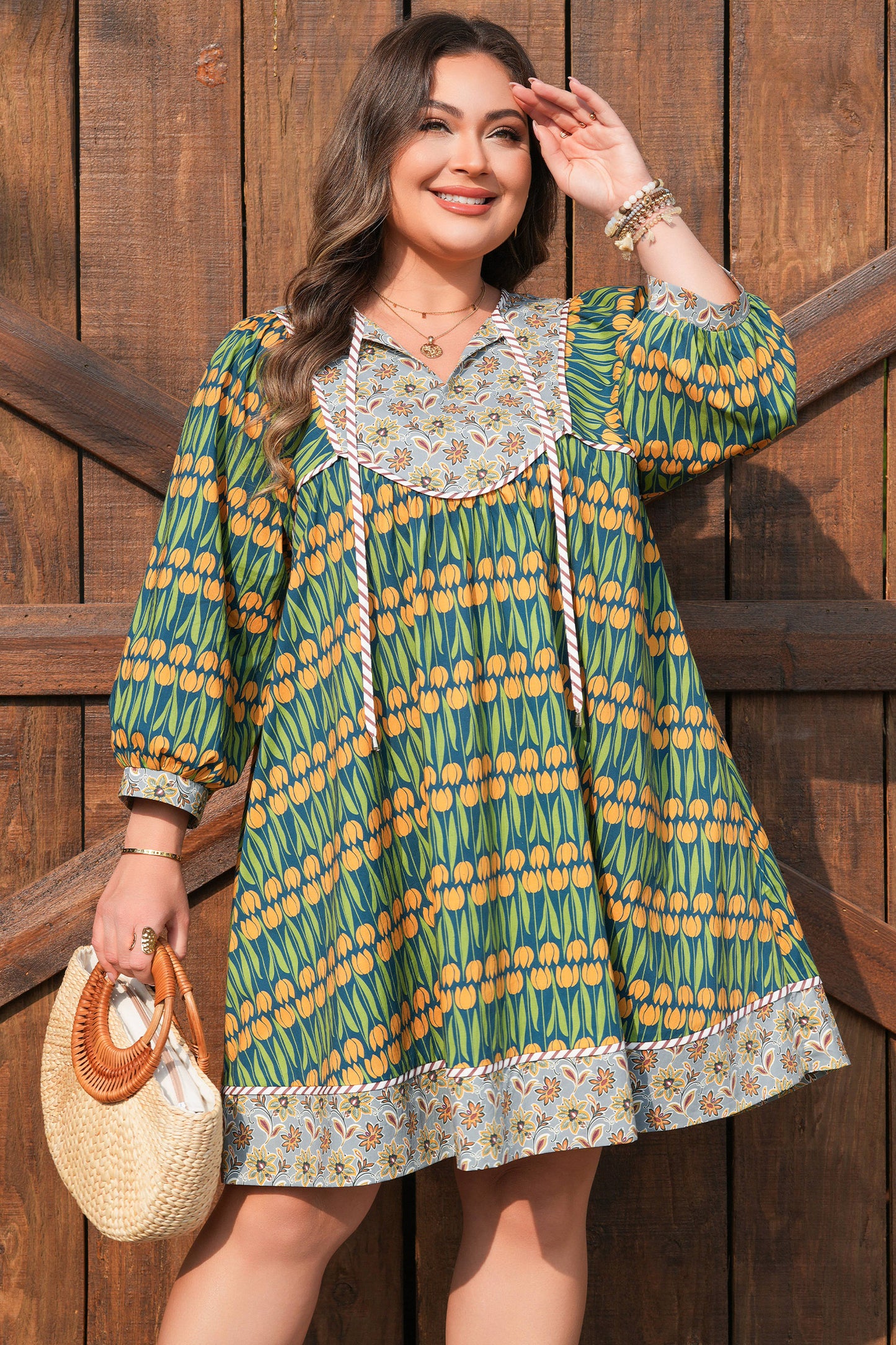 Green Plus Size Mixed Floral Print Striped Trim Loose Mini Dress-TOPS / DRESSES-[Adult]-[Female]-2022 Online Blue Zone Planet