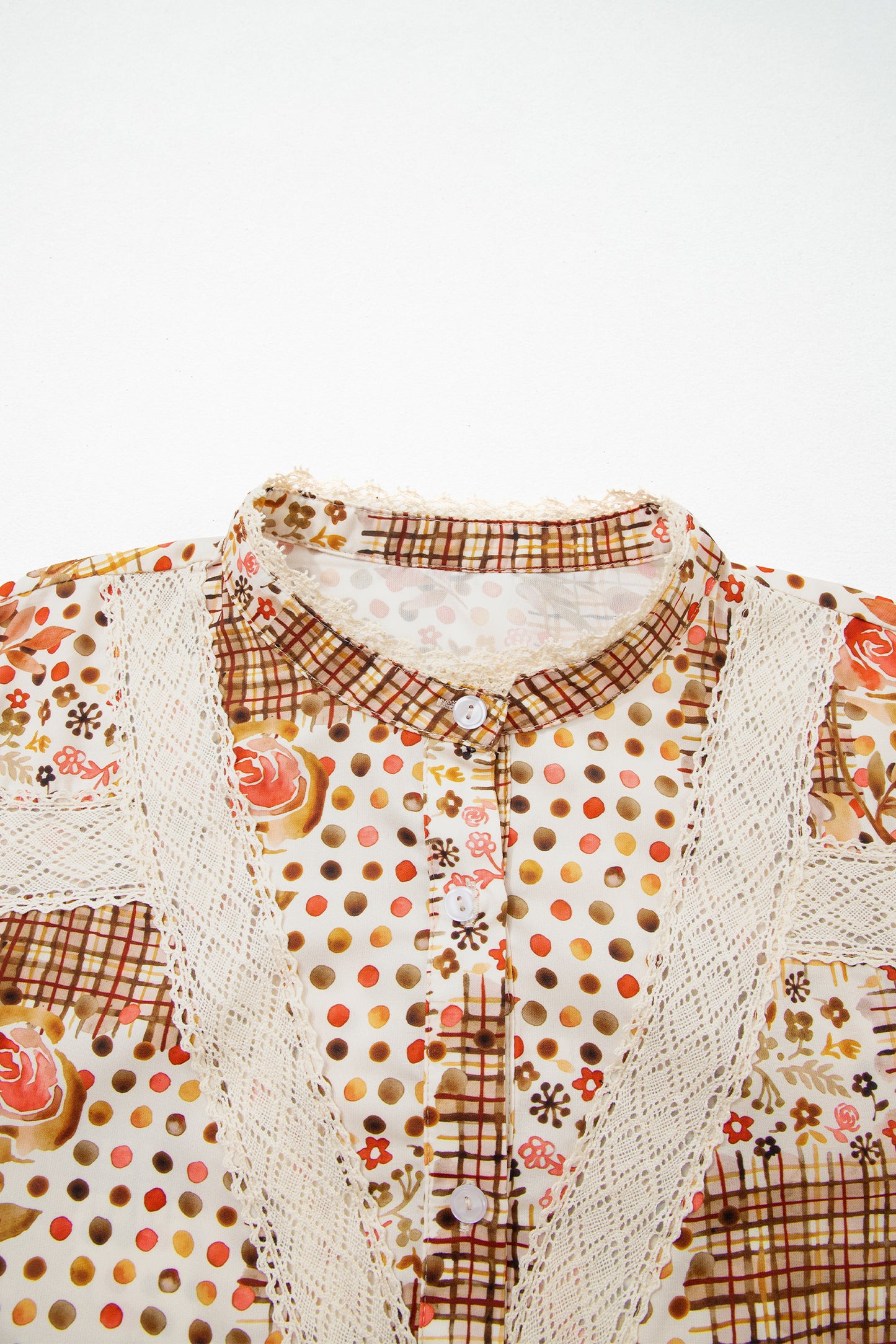 Brown Floral Lace Trim Button Down Long Sleeve Shirt-Tops/Blouses & Shirts-[Adult]-[Female]-2022 Online Blue Zone Planet