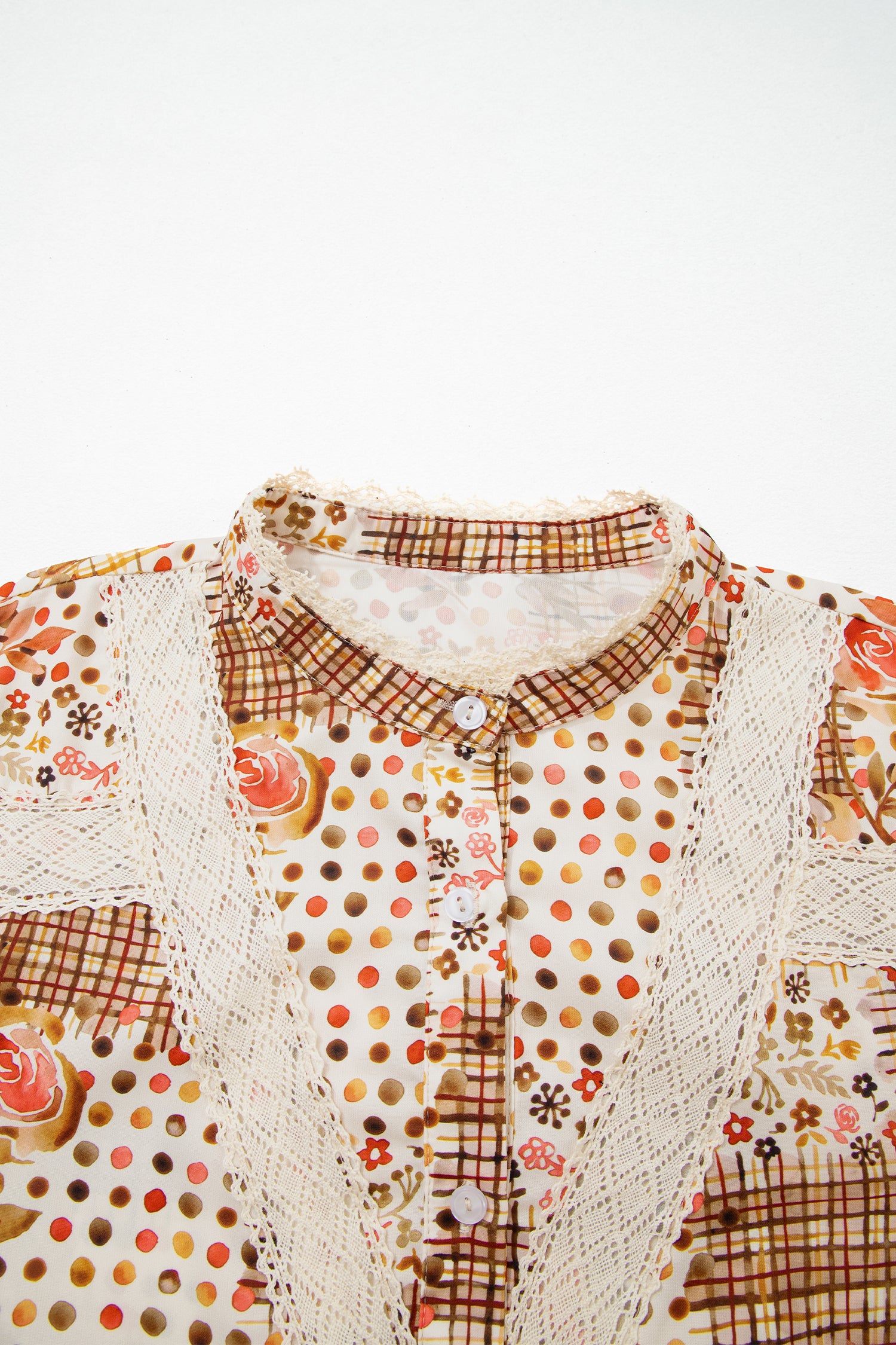 Brown Floral Lace Trim Button Down Long Sleeve Shirt-Tops/Blouses & Shirts-[Adult]-[Female]-2022 Online Blue Zone Planet