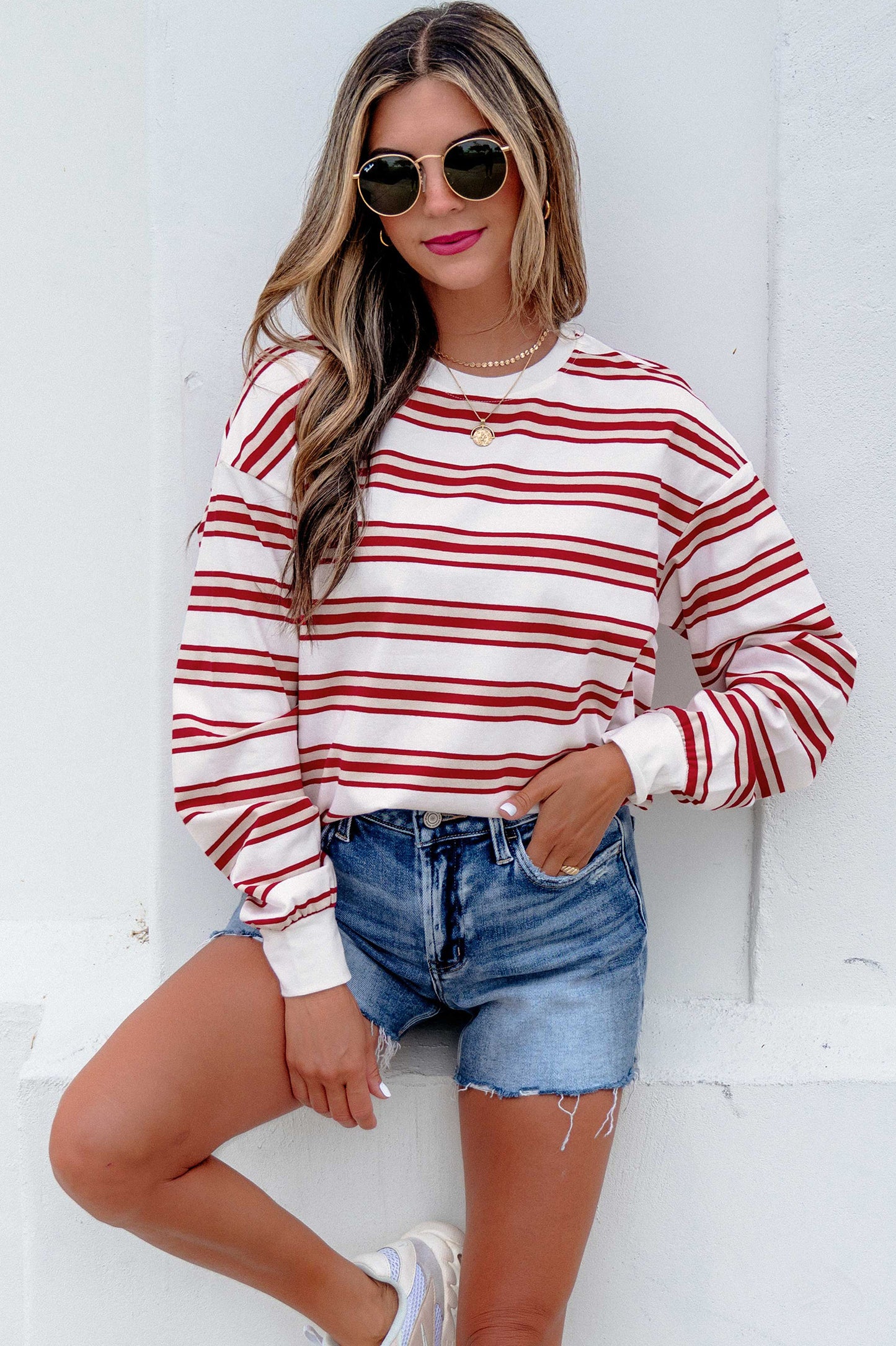 Red Stripe Dropped Shoulder Long Sleeve Casual Pullover Top-Tops/Long Sleeve Tops-[Adult]-[Female]-2022 Online Blue Zone Planet