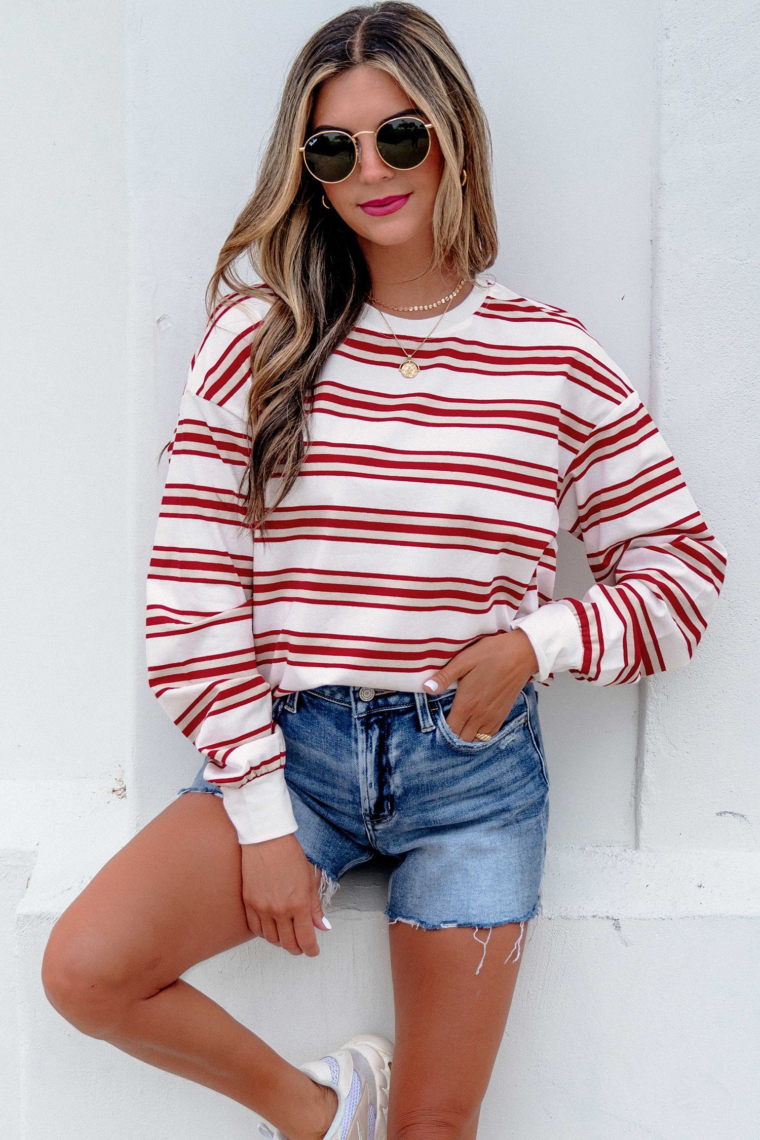 Red Stripe Dropped Shoulder Long Sleeve Casual Pullover Top-Tops/Long Sleeve Tops-[Adult]-[Female]-2022 Online Blue Zone Planet