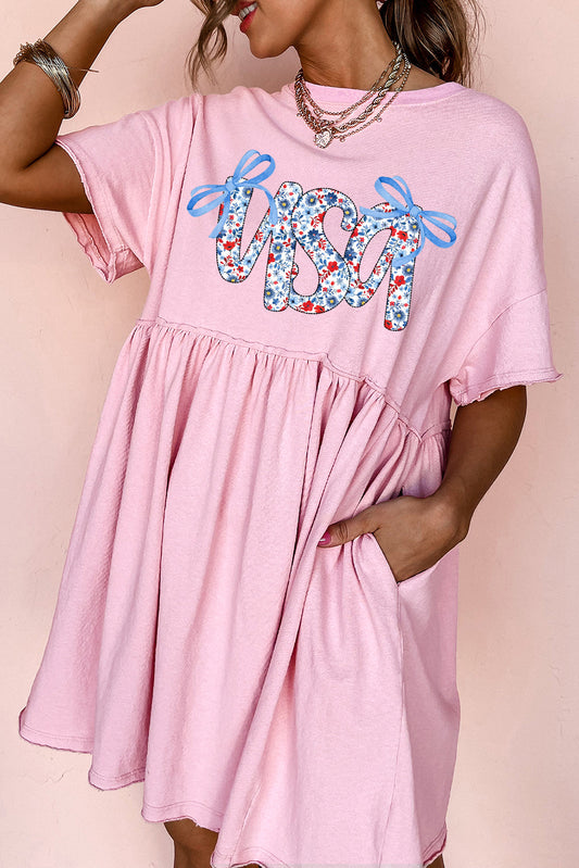 Light Pink USA Floral Bow Print Drop Shoulder Babydoll Dress-Graphic Apparel-[Adult]-[Female]-Light Pink-L-2022 Online Blue Zone Planet