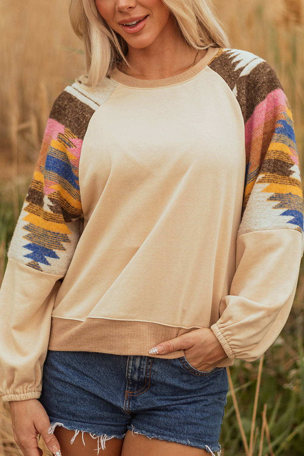 Light French Beige Aztec Patchwork Raglan Pullover Sweatshirt-Tops/Sweatshirts & Hoodies-[Adult]-[Female]-2022 Online Blue Zone Planet