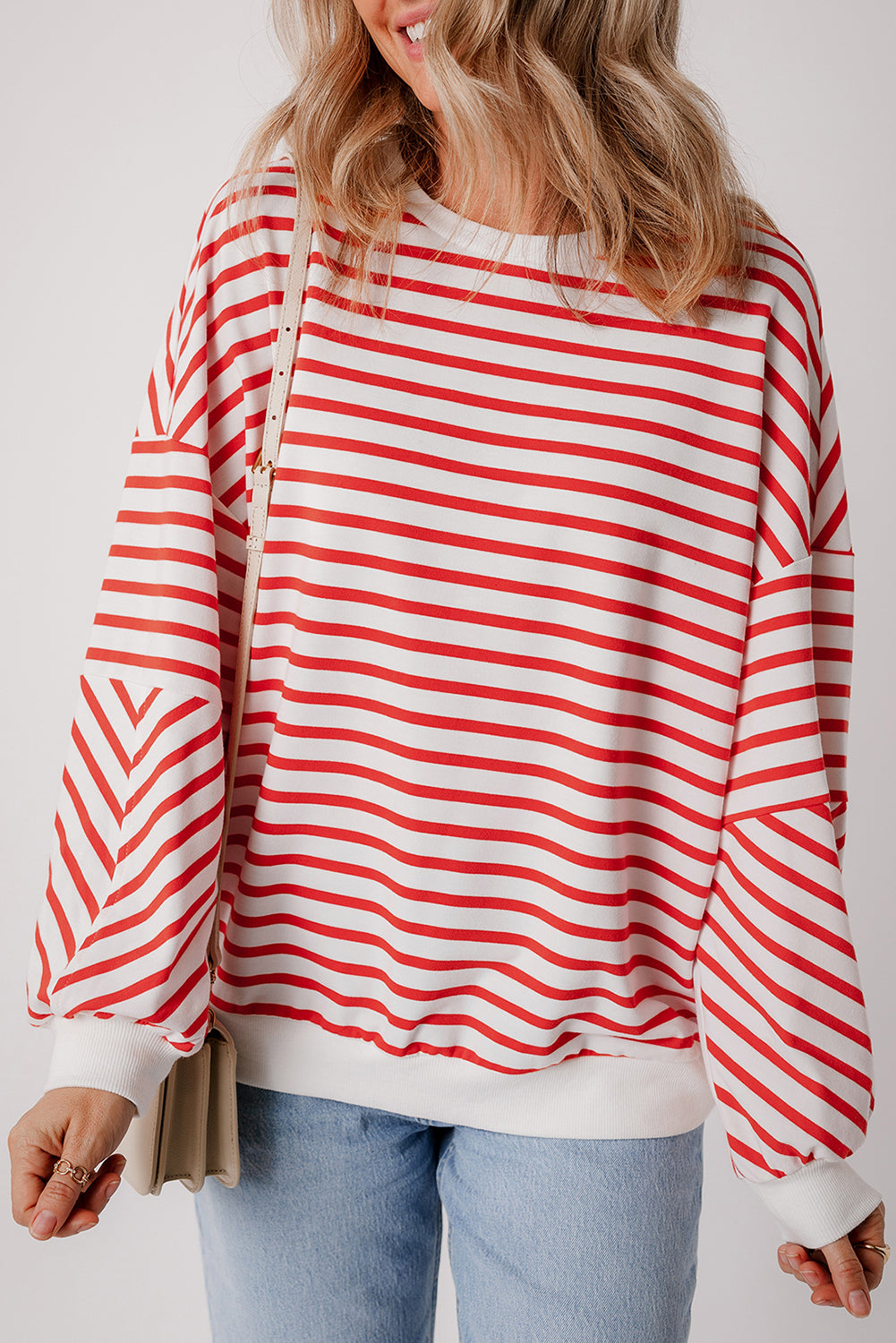 Orange Stripe Drop Shoulder Crew Neck Loose Sweatshirt-Tops/Sweatshirts & Hoodies-[Adult]-[Female]-2022 Online Blue Zone Planet