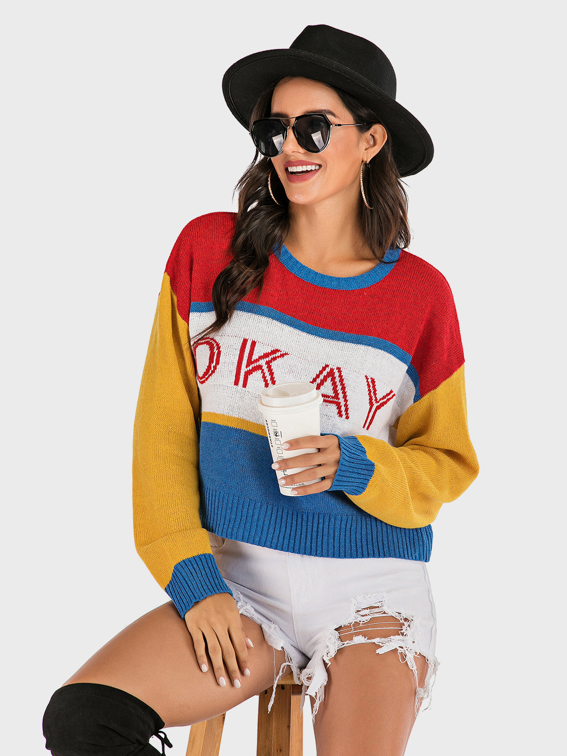 Blue Zone Planet | Perfee OKAY Contrast Dropped Shoulder Long Sleeve Sweater-TOPS / DRESSES-[Adult]-[Female]-2022 Online Blue Zone Planet