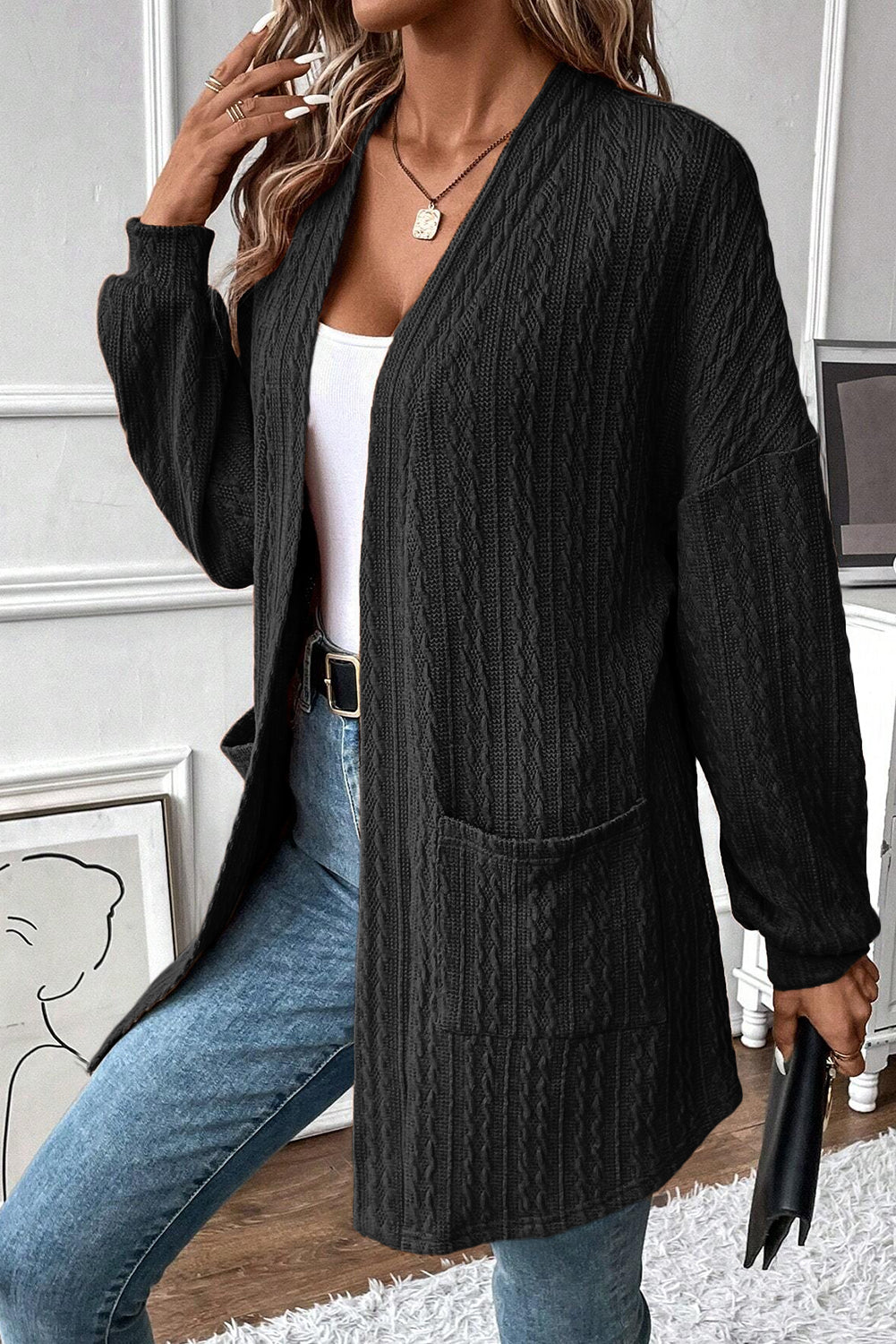 Canton Textured Knit Side Pockets Open Front Cardigan-Sweaters & Cardigans/Cardigans-[Adult]-[Female]-2022 Online Blue Zone Planet