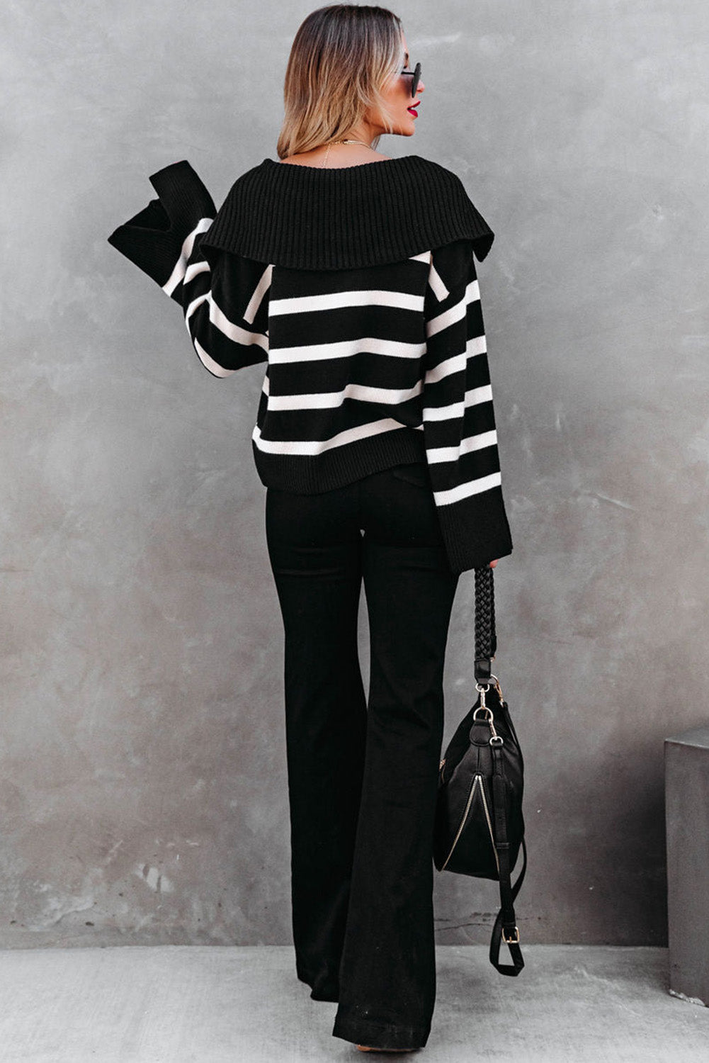 Black Caped V Neck Slit Sleeve Striped/Solid Sweater-TOPS / DRESSES-[Adult]-[Female]-2022 Online Blue Zone Planet