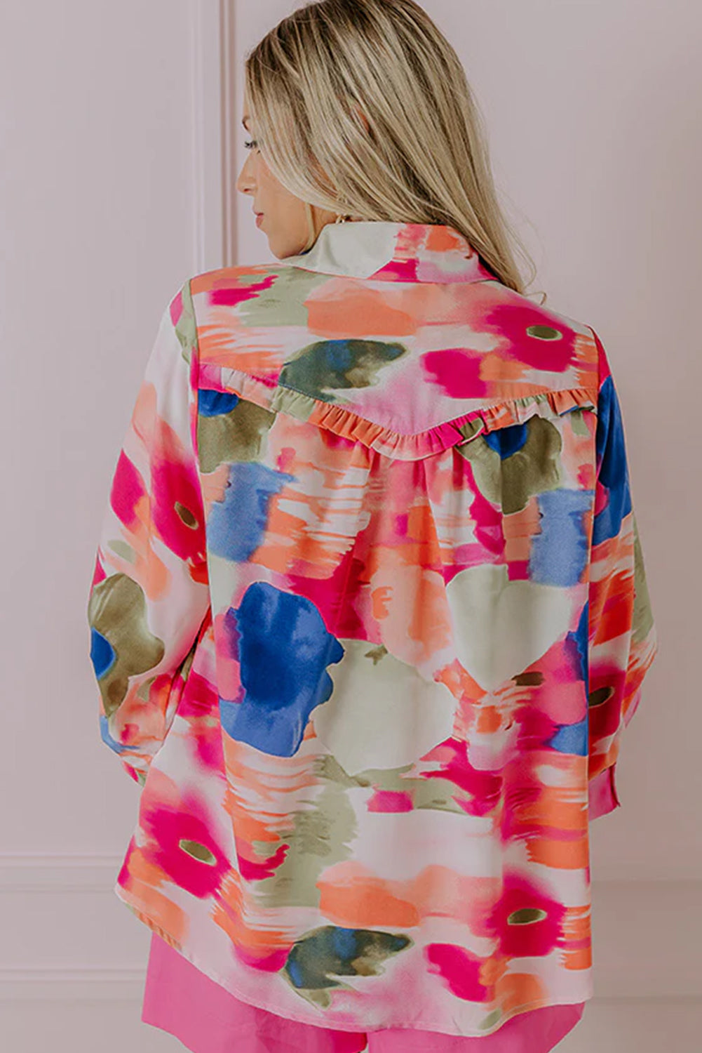 Rose Abstract Print Ruffled Puff Sleeve Shirt-Tops/Blouses & Shirts-[Adult]-[Female]-2022 Online Blue Zone Planet